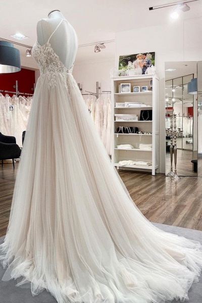 Long Halter Sleeveless Tulle A-line Open Back Wedding Dresses With Lace_3