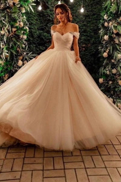 Wunderschönes, langes, schulterfreies Prinzessinnen-Tüll-Hochzeitskleid in A-Linie mit Kapellenschleppe_1