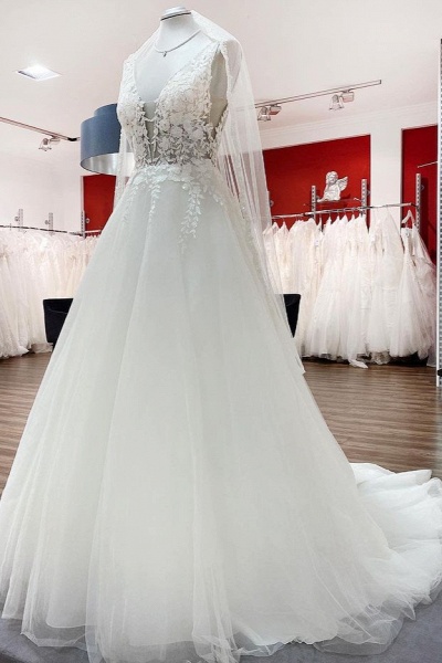 Elegant Long A-line V Neck Tulle Lace Open Back Wedding Dress MT019_2
