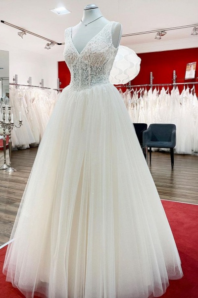 Unique Long Princess V-neck Tulle Lace Ruffles Ivory Wedding Dress_3