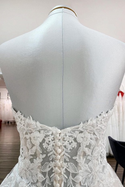 Wunderschönes, langes, trägerloses, elfenbeinfarbenes Brautkleid in A-Linie mit Spitzenapplikationen_5