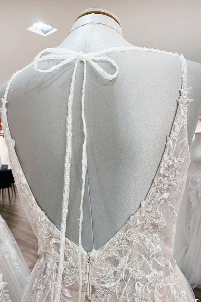 Elegantes langes A-Linie V-Ausschnitt ärmelloses Rüschen rückenfreies Hochzeitskleid_5