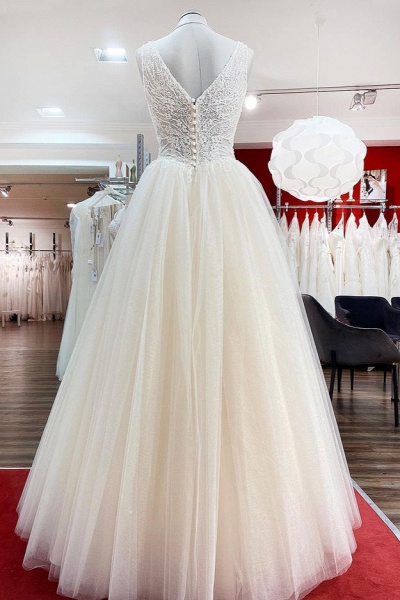 Unique Long Princess V-neck Tulle Lace Ruffles Ivory Wedding Dress_2