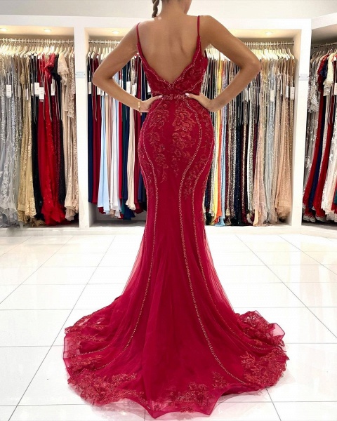 Long Mermaid V-neck Tulle Lace Open back Prom Dress with Glitter_4