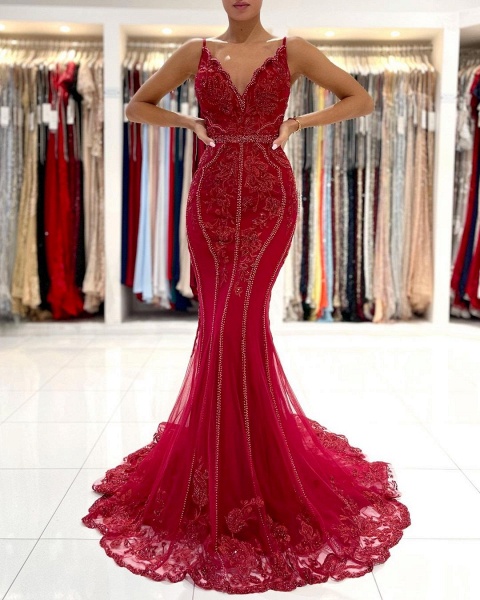 Long Mermaid V-neck Tulle Lace Open back Prom Dress with Glitter_3