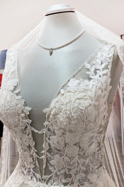 Elegant Long A-line V Neck Tulle Lace Open Back Wedding Dress MT019_4