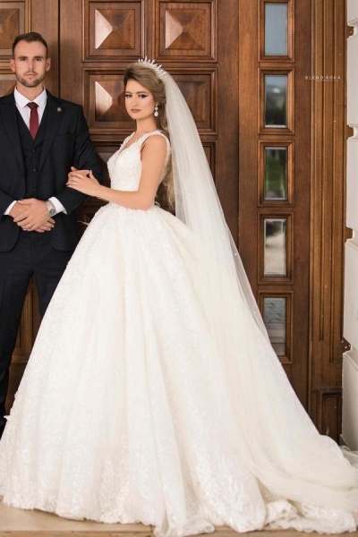 Wunderschönes langes Prinzessinnen-Hochzeitskleid aus Tüll mit V-Ausschnitt_1