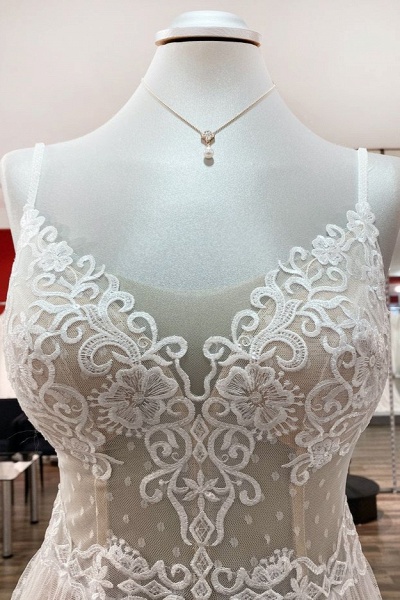Luxury Long A-line V-neck Tulle Open Back Lace Wedding Dress_4