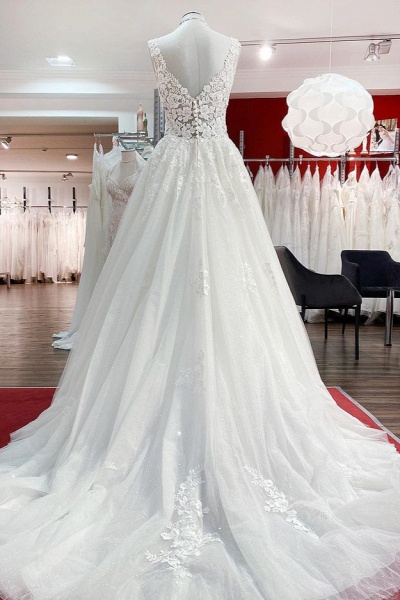 Long A-line V-neck Tulle Lace Eye-taking White Ruffles Wedding Dresses_2