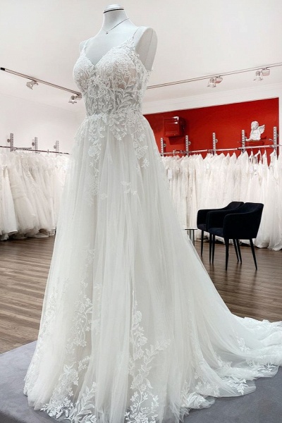 Elegant Long A-Line V Neck Tulle Spaghetti Straps Lace Wedding Dress_3