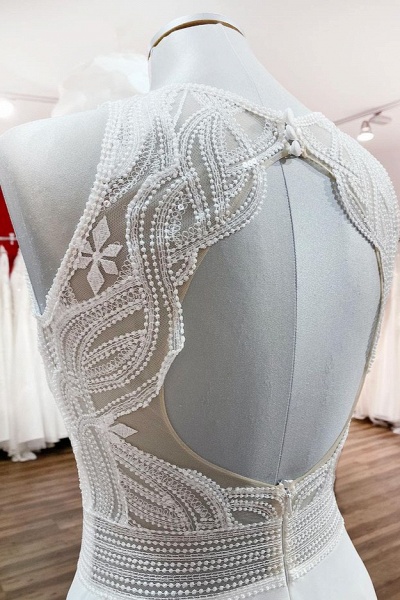Bescheidenes langes A-Linien-Chffon-Juwel-Rüschenapplikationen-Hochzeitskleid mit offenem Rücken_5