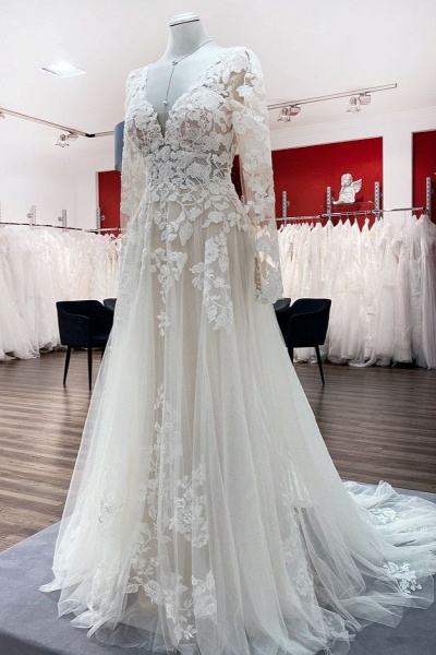 Ivory A-line Tulle Long Sleeves Lace Appliques Open Back Wedding Dresses_3
