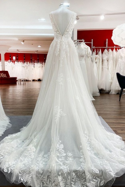 Elegant Long A-Line V Neck Tulle Spaghetti Straps Lace Wedding Dress_2