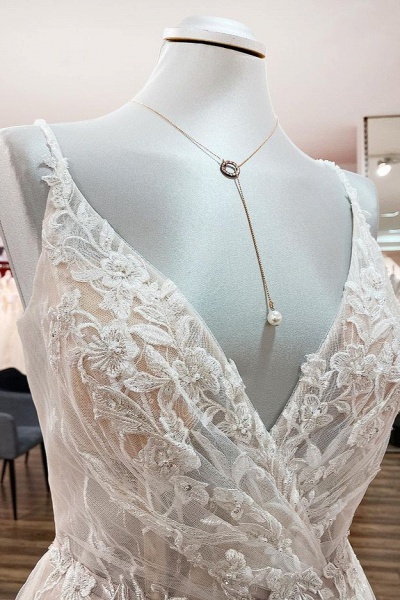 Elegantes langes A-Linie V-Ausschnitt ärmelloses Rüschen rückenfreies Hochzeitskleid_3