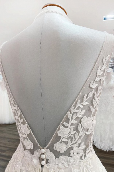 Elegant Long A-line V Neck Tulle Lace Open Back Wedding Dress MT019_5