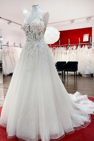 Long A-line Tulle Sleevless Ruffles Jewel Wedding Dress With Lace Appliques_3