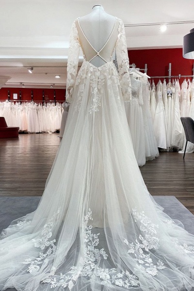 Ivory A-line Tulle Long Sleeves Lace Appliques Open Back Wedding Dresses_2