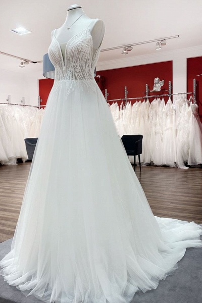 Simple Long V-neck Sequins Ruffles A-line Tulle Backless Wedding Dress_3