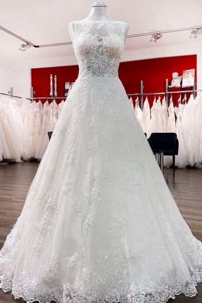 Graceful Long A-line Jewel Tulle Wedding Dresses With Lace Appliques_1