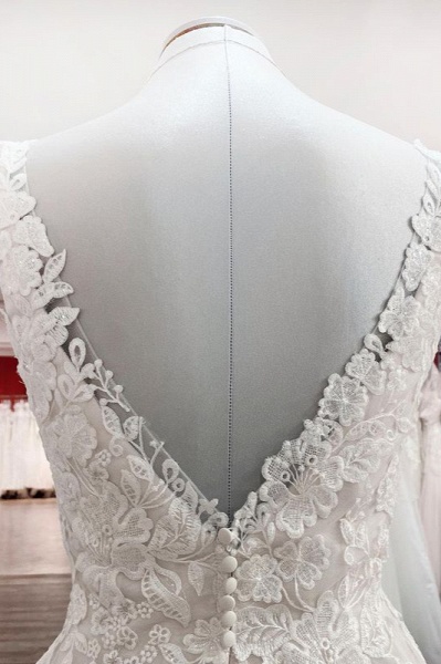Simple Long A-line Tulle Lace V Neck Appliques Lace Open Back Wedding Dress_6