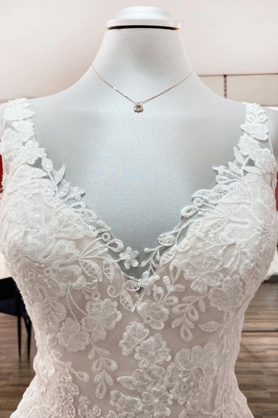 Simple Long A-line Tulle Lace V Neck Appliques Lace Open Back Wedding Dress_5