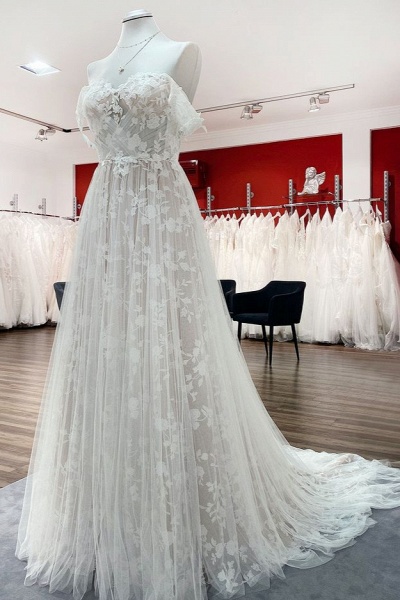 Gorgeous Long A-line Off-the-shoulder Tulle Appliques Lace Ruffles Wedding Dress_3