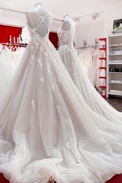 Elegant Long A-line V Neck Sleeveless Ruffles Backless Wedding Dress_2
