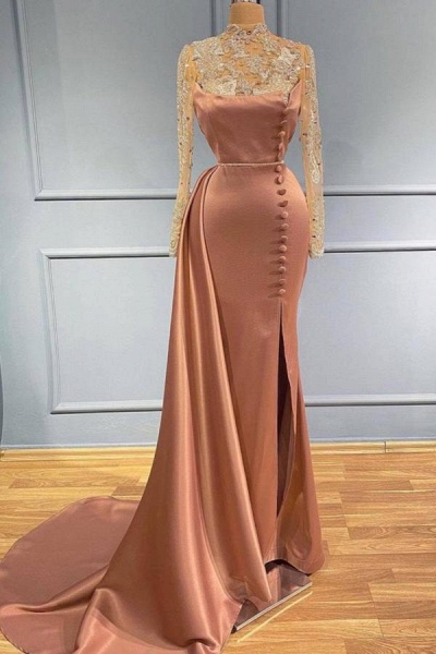 Gorgeous Mermaid High Neck Side Slit Long Sleeves Prom Dress with Glitter Sequins Lace Appliques_1