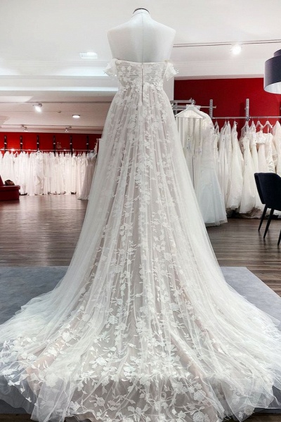 Gorgeous Long A-line Off-the-shoulder Tulle Appliques Lace Ruffles Wedding Dress_2