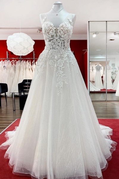 Long A-line Tulle Sleevless Ruffles Jewel Wedding Dress With Lace Appliques_1