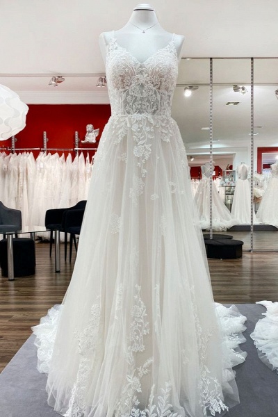 Elegant Long A-Line V Neck Tulle Spaghetti Straps Lace Wedding Dress_1