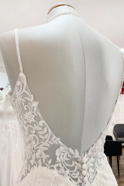 Elegantes langes Meerjungfrau-Spaghettiträger-Spitzen-Satin-Hochzeitskleid mit offenem Rücken_6