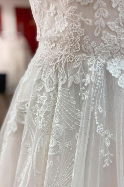 Simple Long A-line Tulle Lace V Neck Appliques Lace Open Back Wedding Dress_4