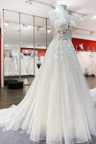Long A-line Sweetheart Tulle Breath-taking Detailed Appliques Ruffles Open Back Wedding Dress_3