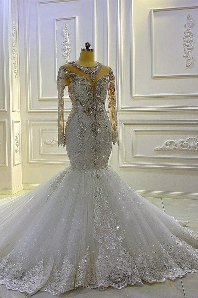 Vintage Bateau Long Sleeve Appliques Lace Beading Pearl Sequins Mermaid Wedding Dress_1