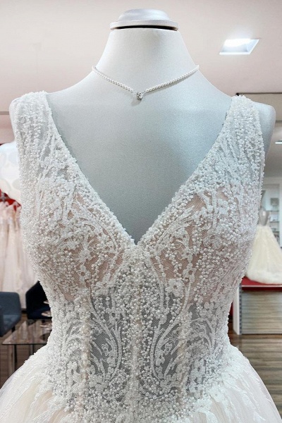 Unique Long Princess V-neck Tulle Lace Ruffles Ivory Wedding Dress_5