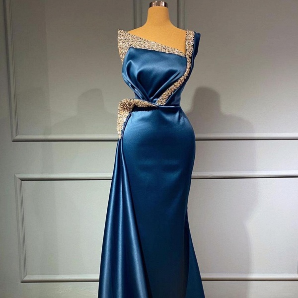 Stunning Long Mermaid One shoulder Stretch Satin Prom Dress with Glitter_2