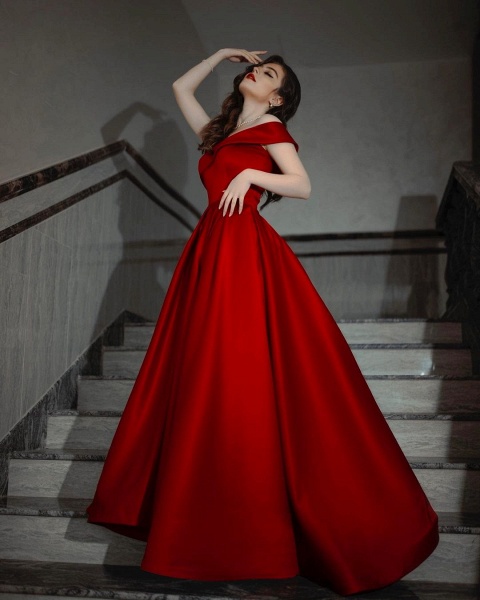 Elegant Long A-line Off-the-shoulder Satin Floor length Prom Dress_3