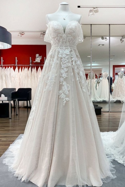 Gorgeous Long A-line Off-the-shoulder Tulle Lace Appliques Wedding Dress_1