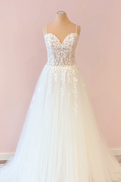 Pretty A-Line Spaghetti Straps Sweetheart Tulle Appliques Lace Wedding Dress_1