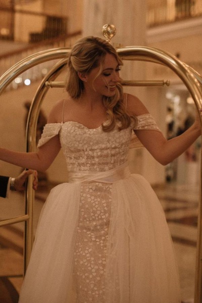 Gorgeous Long Mermaid Off Shoulder Tulle Wedding Dress with Detachable Tulle Train_1