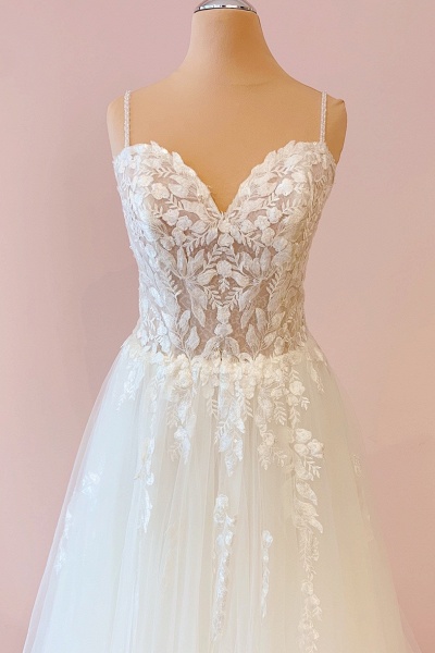 Pretty A-Line Spaghetti Straps Sweetheart Tulle Appliques Lace Wedding Dress_3