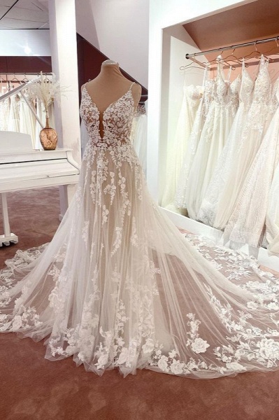 Charming Spaghetti Straps Appliques Lace Tulle Backless A-Line Wedding Dress_1