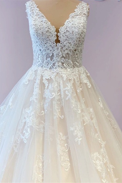Wide Straps A-Line Floor-length Tulle Wedding Dress With Appliques Lace_2