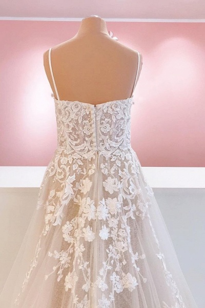 Classy Spaghetti Straps Appliques Lace A-Line Tulle Backless Wedding Dress_4