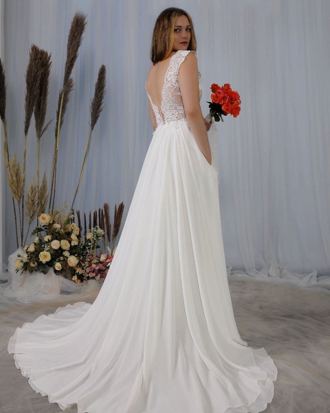 Elegant Deep V-neck Wide Straps Backless Appliques Lace Chiffon Wedding Dress_2