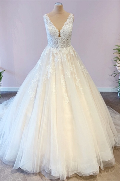 Wide Straps A-Line Floor-length Tulle Wedding Dress With Appliques Lace_1