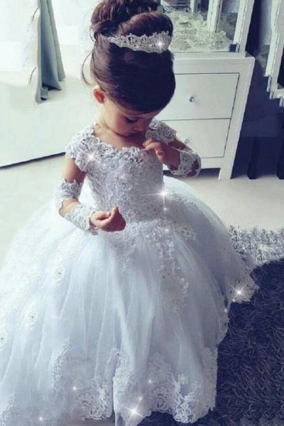 Long Princess Tulle Lace Scoop Neck flower girl dresses with Sleeves_1
