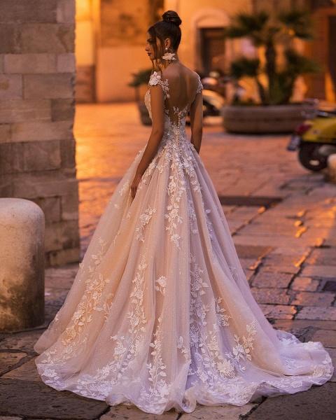 Elegant A-Line Bateau Appliques Lace Backless Floor-length Sequins Wedding Dress_2