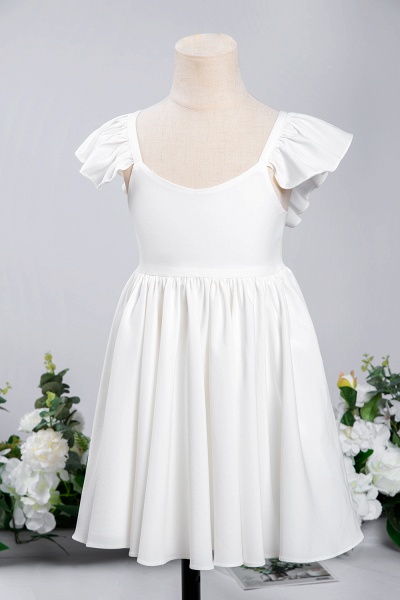 Cute A-line White Pleated Flower Girl Dress with Ruffle Sleeves_7